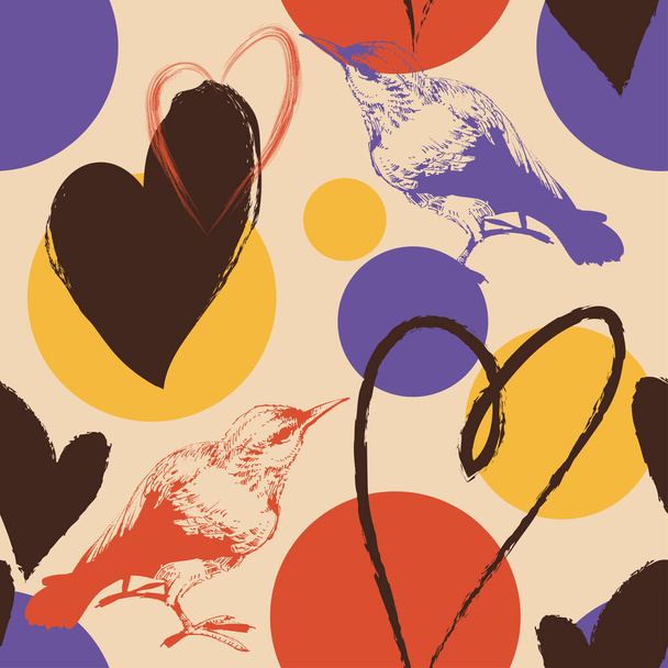 Coeurs, oiseaux et taches de couleur abstraites motif sans couture - Vecteur, image