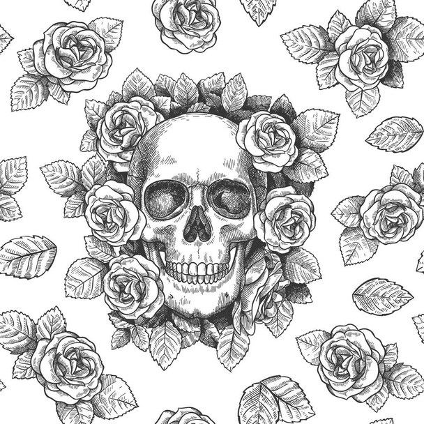 Skull with flowers. Sketch skulls with roses gothic artwork, repeat graphic print wallpaper, textile texture seamless vector pattern - Wektor, obraz