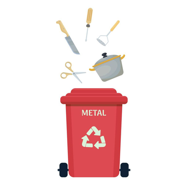 Mülltrennung, Entsorgung. Mülleimer für Metall isoliert auf weißem Hintergrund. Ökologisches Konzept. - Vektor, Bild