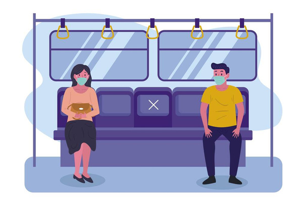 Social distancing in public transport. People in the subway, male and female characters with protective masks on faces. Humans sitting and standing in metro. Covid-19 pandemic. - Vector, Image