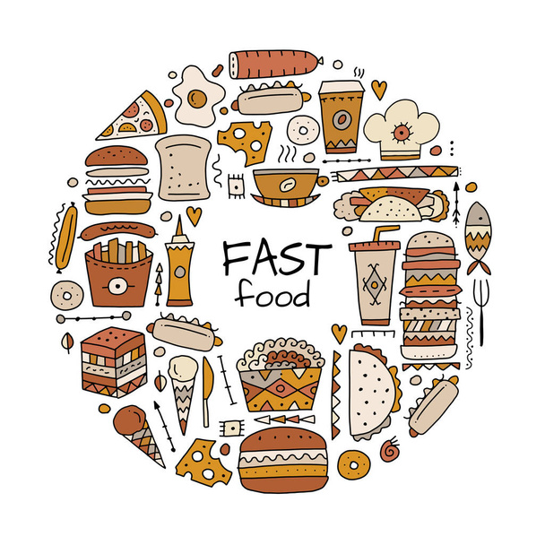 Fast food icons. Hamburger pizza sausages snacks sandwich ice cream. Food menu background for your design - Vektor, kép
