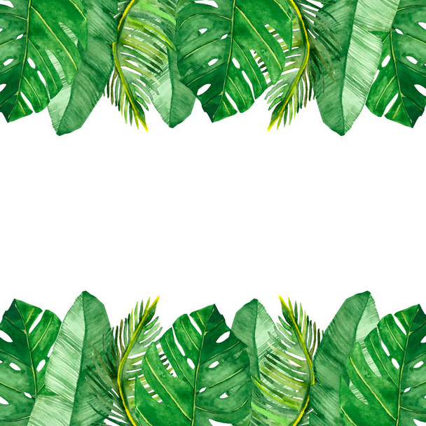 Acuarela pintada a mano naturaleza tropical banner marco composición con verde monstera palma hojas ramo en el fondo blanco para invitar y tarjeta de felicitación con el espacio para el texto - Foto, imagen