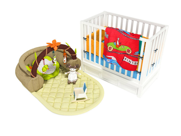 3d renderowania białe drewniane łóżeczko dla dziecka z matą do zabawy z zabawkami na białym tle bez cienia - Zdjęcie, obraz