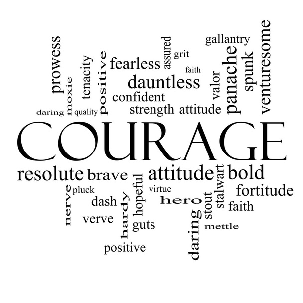 Courage Word Cloud Concept en blanco y negro
 - Foto, Imagen