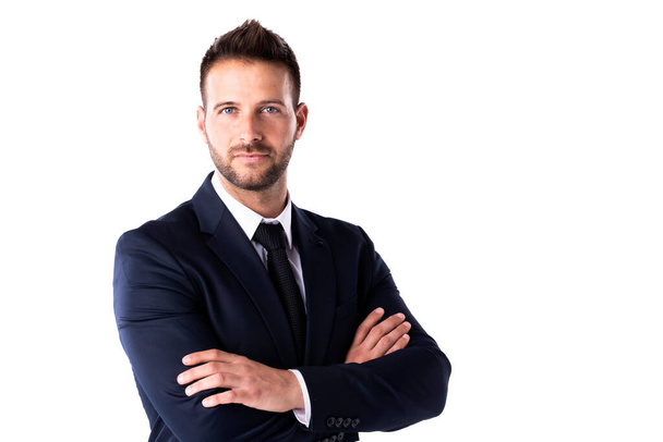 Portrait of handsome businessman standing at isolated white background. Copy space.  - Foto, immagini