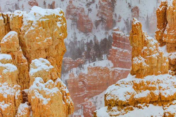 Ocak 2013 'te Utah' ta Bryce Kanyonu 'nda kışın çekilen kar kaplı kaya raptiyelerinin fotoğrafı. - Fotoğraf, Görsel