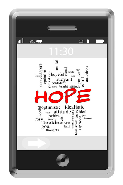 kelime bulutu kavramı dokunmatik telefon üzerinde umut - Fotoğraf, Görsel