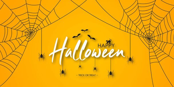 Happy Halloween banner or party invitation. Halloween lettering with spiders, spider web, bat and cat at orange background with shadow. Vector illustration. - Vector, Image