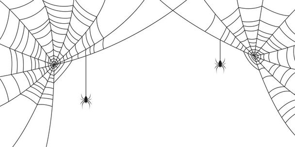 Arañas y telaraña. Fondo con espacio para banner de Halloween con tela de araña y araña. Ilustración vectorial. - Vector, imagen