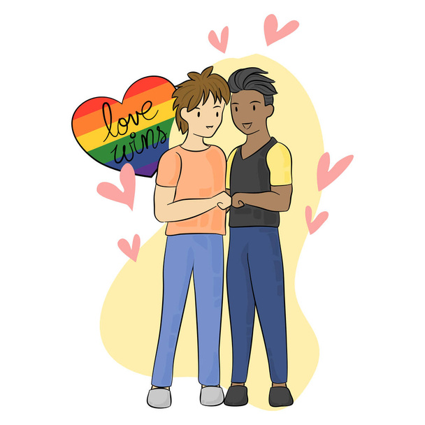 LGBTQ e concetto di unione, gli uomini si abbracciano e si abbracciano con orgoglio cuore arcobaleno e parola L'amore vince  - Vettoriali, immagini