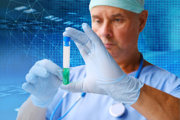 transparent glass tube with colored liquid, vaccine in hands of male scientist, pharmacist, technological background, concept of scientific experiment, research, treatment of coronavirus, COVID-19 - Photo, image