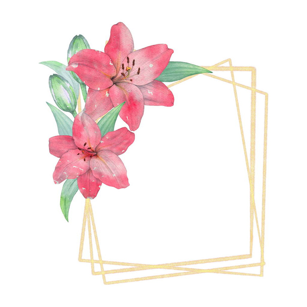 Elegant gold frame with Coral lilies. Watercolor illustration. Suitable for decorating of invitations, greeting cards, business cards - Fotoğraf, Görsel