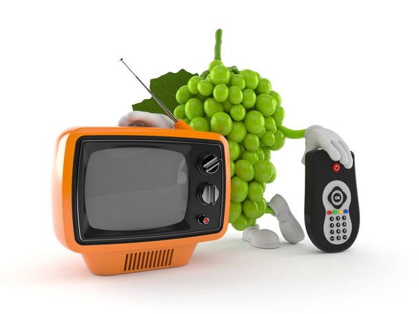 Trauben-Charakter mit Fernseher und Fernbedienung isoliert auf weißem Hintergrund. 3D-Illustration - Foto, Bild