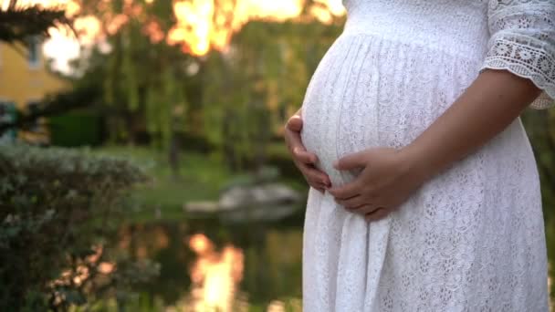 Terhes nő boldogság a kertben otthon. - Felvétel, videó