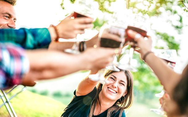 Ruce toast s červeným vínem - Lidé se baví jásání na piknik ochutnávka vína - Mladí přátelé se těší sklizeň čas společně na farmě vinice krajina - Zaměření na ženu s rozmazanými brýlemi - Fotografie, Obrázek