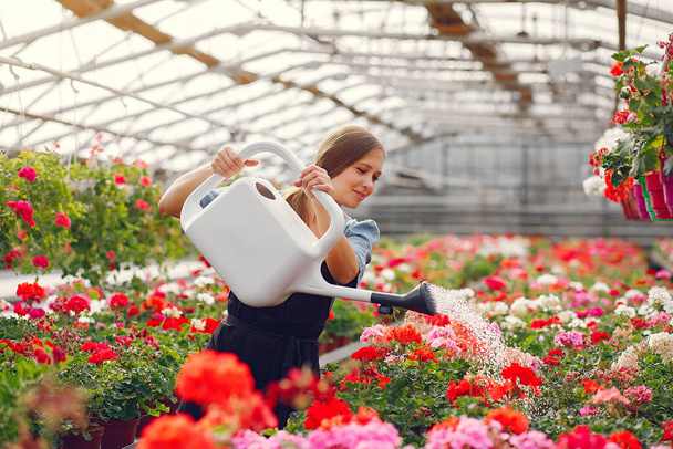 Woman in a black apron working in a greenhouse - Zdjęcie, obraz