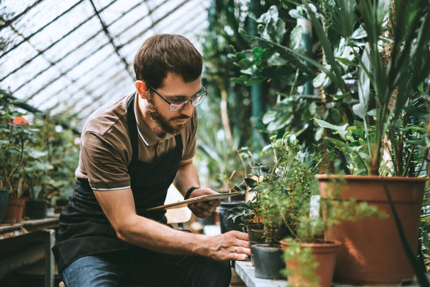 Young man gardener in glasses and apron with digital tablet working in a garden center for better quality control. Environmentalist using digital tablet in greenhouse. High quality photo - Fotó, kép