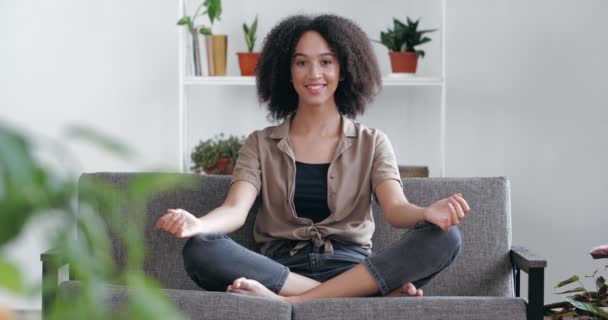 Молода етнічна дівчина робить ранкові вправи вдома, практикує йогу в кімнаті на затишному дивані, сидить в положенні людського лотоса, розбиває спокій, відчуває щасливу енергетичну гармонію концепції
 - Кадри, відео