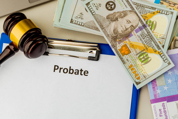 Legal probate statement. Money and lawyer attributes at the desk. - Photo, Image