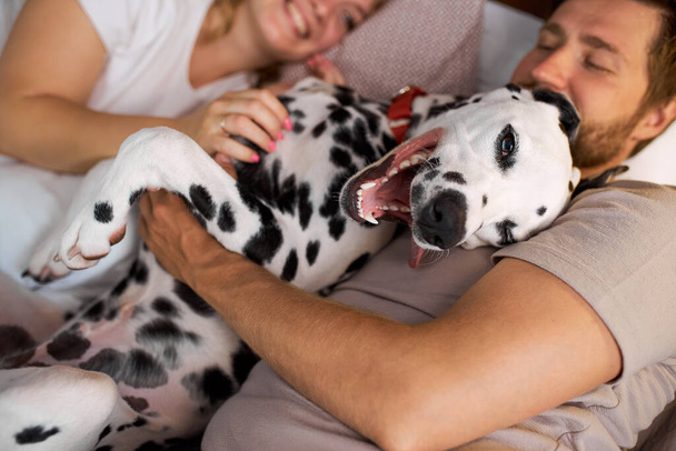 beautiful family spend weekends with dog in cozy home environment - Fotoğraf, Görsel