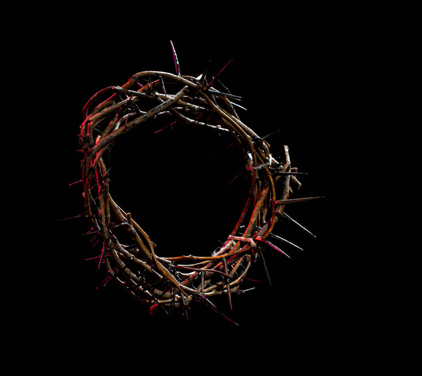 The crown of thorns lie on an isolated black background, with a red tint of light. The concept of Holy week, associated with suffering and love. Close up. - Photo, Image