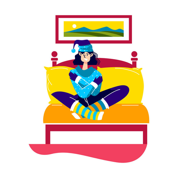 Woman suffer from cold at home. Cartoon female dressed in much clothes sit on bed in bedroom - Vector, Image