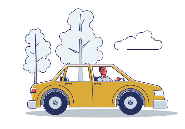 Homem montando carro na estrada sobre árvores fundo. Desenhos animados veículo de condução masculino no campo
 - Vetor, Imagem