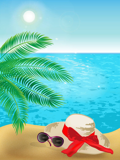 Summer background of sunny beach with palm tree, sunglasses,womens hat and beautiful blue sea. - Vetor, Imagem