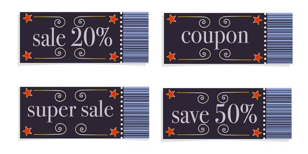 Set of coupons for new years discount. Vouchers isolated on a white background. Coupons with different labels and a black barcode. Designed for holiday gifts in stores for the new year - Vecteur, image