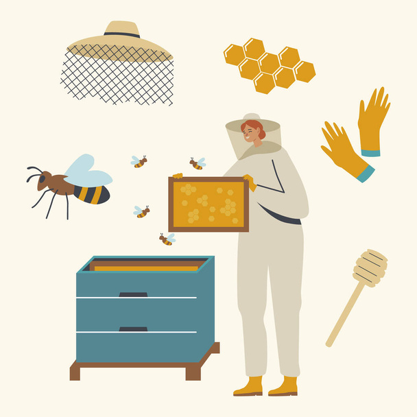 Пчеловодство, производство меда, пчеловодство. Персонаж пчеловода в защитном костюме Забота о пчелах - Вектор,изображение