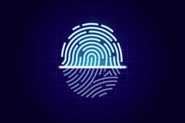 Сканер отпечатков пальцев, система идентификации. Концепция личной биометрической информации. Сканирование отпечатков пальцев на голубом бэкгранде. Векторная иллюстрация - Вектор,изображение