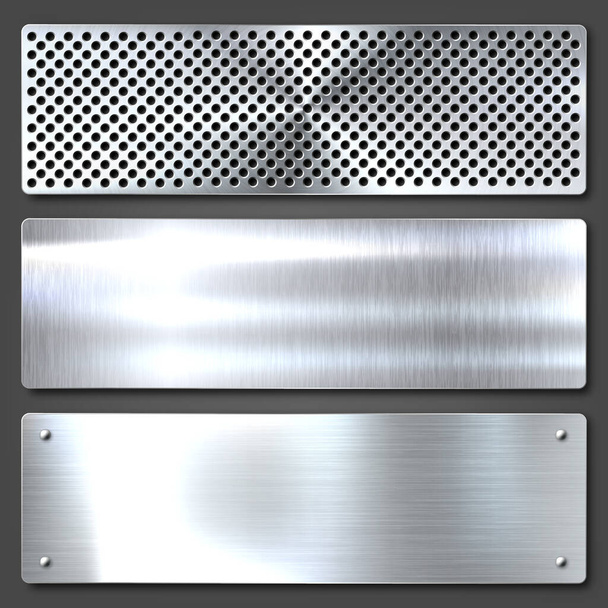 Realistic brushed metal textures set. Polished stainless steel background. Vector illustration. - Vector, Image