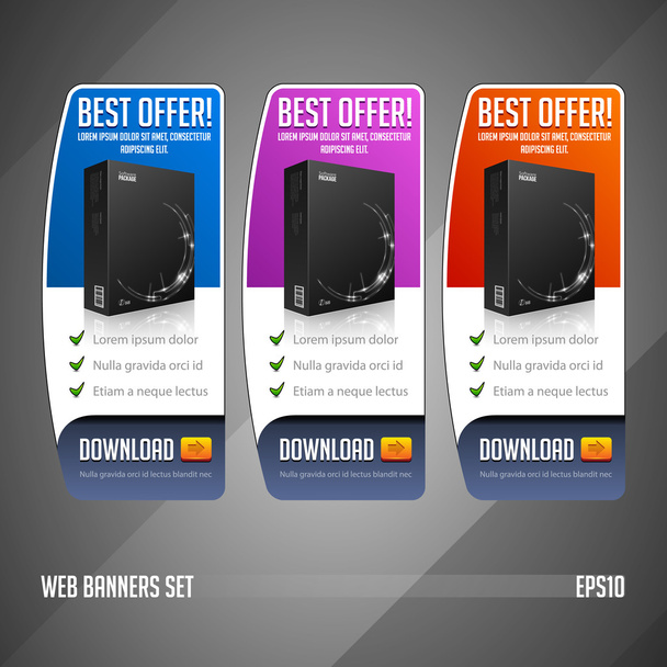 Modern Special Offer Web Banner Set Vector Colored: Blue, Violet, Purple, Red. Website Showing Product Box, Purchase Download Button. - Vector, Image