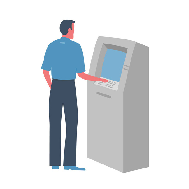 Een man neemt geld op van een geldautomaat. De man gebruikt terminal. Vector illustratie in platte stijl. - Vector, afbeelding