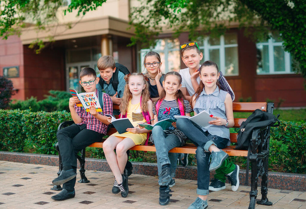 Happy Schoolmates Portrait. Schoolmates seating with books in a wooden bench in a city park and studying on sunny day. - Фото, зображення
