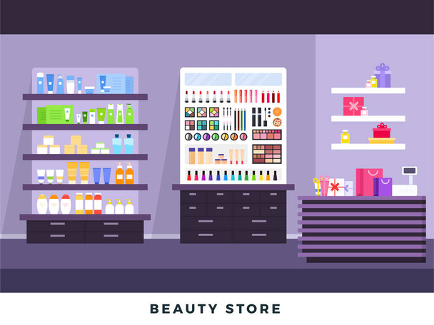 Cosmetics store interior with make up objects, shopping, beauty shop, cosmetic products, health and beauty with products on shelves. Vector flat set illustration - Вектор,изображение