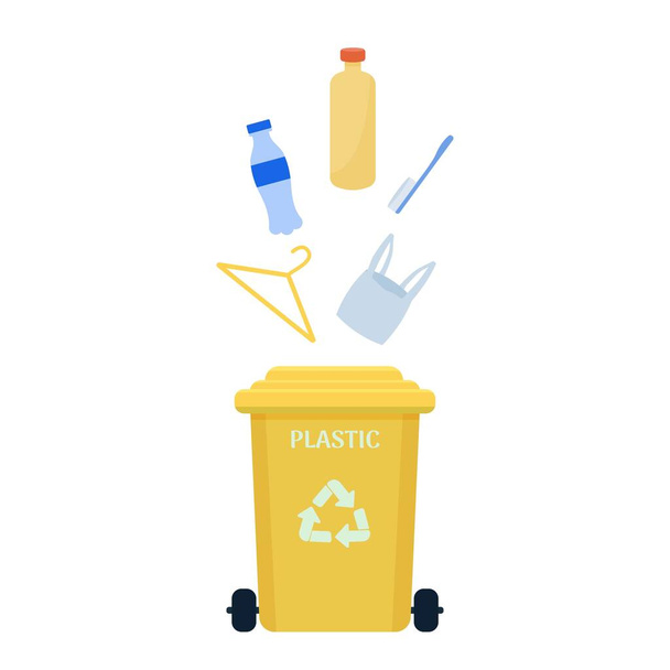 Mülleimer, Container für Plastikmüll isoliert auf weißem Hintergrund. Symbol für ein umweltfreundliches Mülltrennungskonzept. Vektorillustration - Vektor, Bild