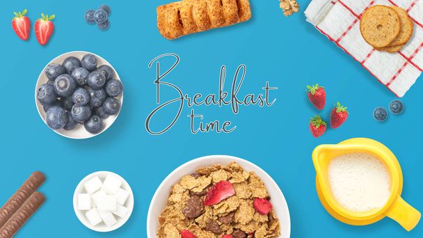 Conjunto de mesa con la hora del desayuno de texto. Vista superior de un desayuno con frutas, cereales, pasteles, chocolate y leche. Comida colorida y saludable. Relacionado con la energía y la mañana. Fondo o bandera. - Foto, Imagen