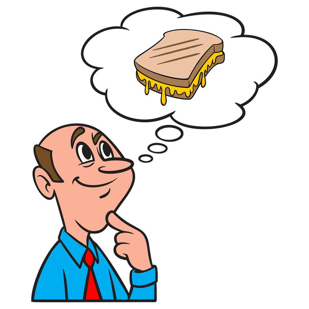 Thinking about a Grilled Cheese Sandwich - A cartoon illustration of a man thinking about eating a Grilled Cheese Sandwich. - Vector, Image