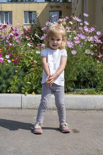 klein emotioneel meisje loopt in de tuin. Zomer - Foto, afbeelding