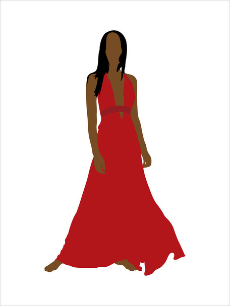An isolated illustration of a female wearing a deep V long gown while doing a pose on a white background - Фото, зображення