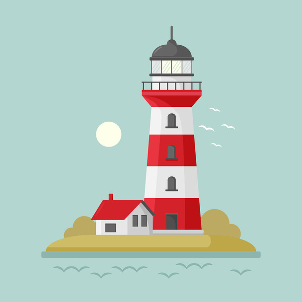 Vector cartoon flat lighthouse. Searchlight tower for maritime navigational guidance. Vector illustration - Vektör, Görsel