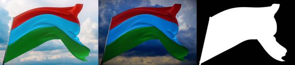 A Karéliai Köztársaság zászlója. Nagy felbontású közelkép 3D illusztráció. Oroszország szövetségi alattvalóinak zászlói. Állítsa be 2 zászlók és alfa matt kép. Nagyon jó minőségű maszk. - Fotó, kép