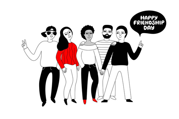 Плакат "С Днем Дружбы" с изображением мультикультурной группы людей (афроамериканцев, европейцев, азиатов). Векторная иллюстрация лучших друзей на белом фоне.   - Вектор,изображение