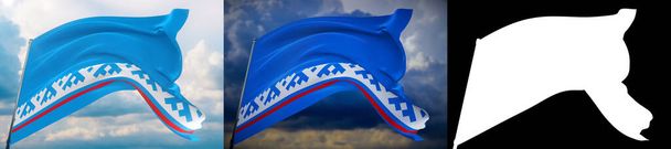 Bandiera di Nenets Autonomous Okrug. Illustrazione 3D close-up ad alta risoluzione. Bandiere dei soggetti federali della Russia. Set di 2 bandiere e immagine alfa opaca. Maschera di altissima qualità. - Foto, immagini