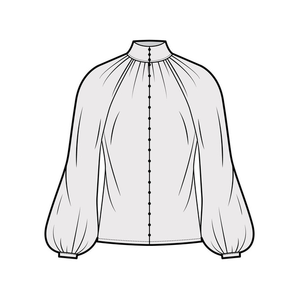 Shirred high-cut neck shirt τεχνική απεικόνιση μόδας με μακρύ μανίκι επισκόπου, μπροστινό κουμπί-στερέωση, oversized - Διάνυσμα, εικόνα