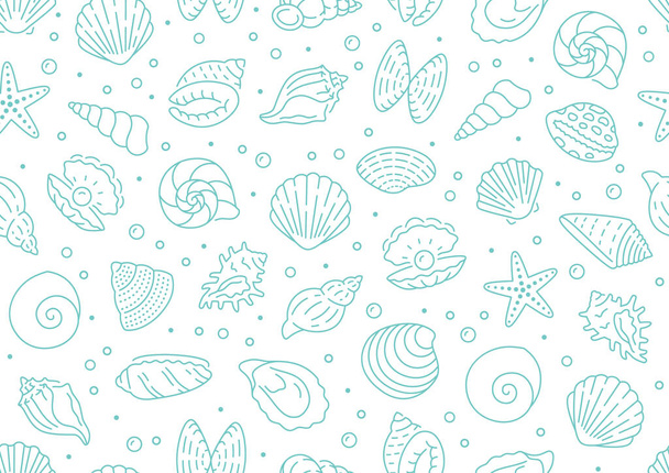 シーシェルのシームレスなパターン。海の貝殻、ホタテ、ヒトデ、ハマグリ、カキ、織物の航海用テクスチャなどの線のアイコンが含まれていました。白と青の色 - ベクター画像