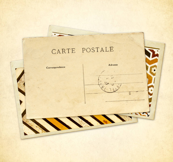 Vintage background with post cards. Three retro postcards with decprative ornament. Inscription on the card - carte postale - postcard in french. Copy space for text - Fotografie, Obrázek