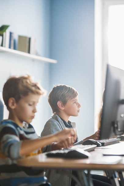 Peruskoulun tietojenkäsittelytieteen luokkahuone: Smart Little Schoolboy Works on Personal Computers, Oppiminen ohjelmointikieli ohjelmisto koodaus. Koululaiset Nykyaikainen koulutus. - Valokuva, kuva