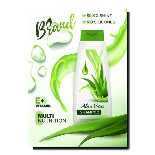 Aloe Vera Shampoo Creative Promo Banner Vector. Cosmetic Blank Bottle With Aloe Plant, Drop And Splash On Advertising Marketing Poster. Color Concept Template Realistic 3d Illustration - Vector, Image